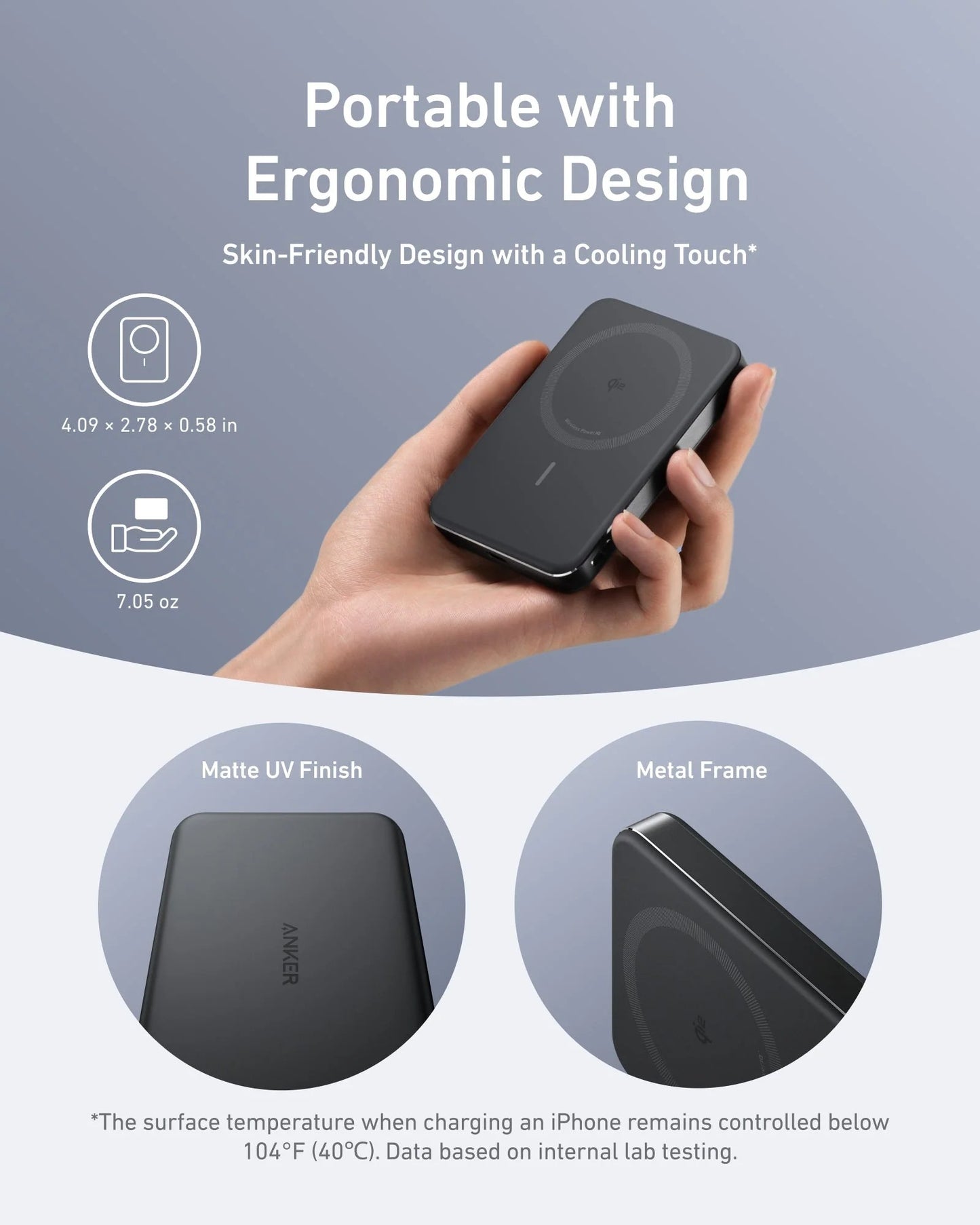 Hand holding a black wireless charging device with product details on a gray background 0.58in