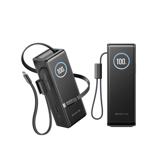 Two black power banks with digital displays on a white background retractable cable