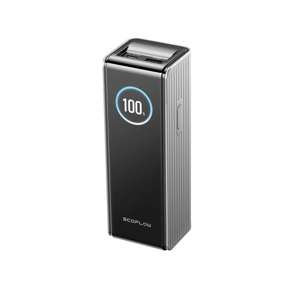 Black power bank with digital display on a white background zilver