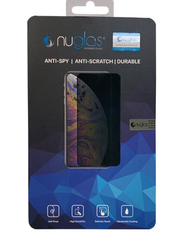 Nuglas screen protector packaging with smartphone image on a blue geometric patterned background