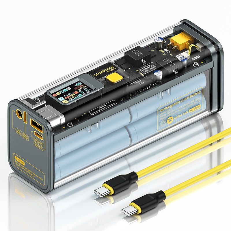 SHARGE Shargeek 100 Powerbank - 25600mAh, 100W fast charging with transparent case and yellow USB cables.
