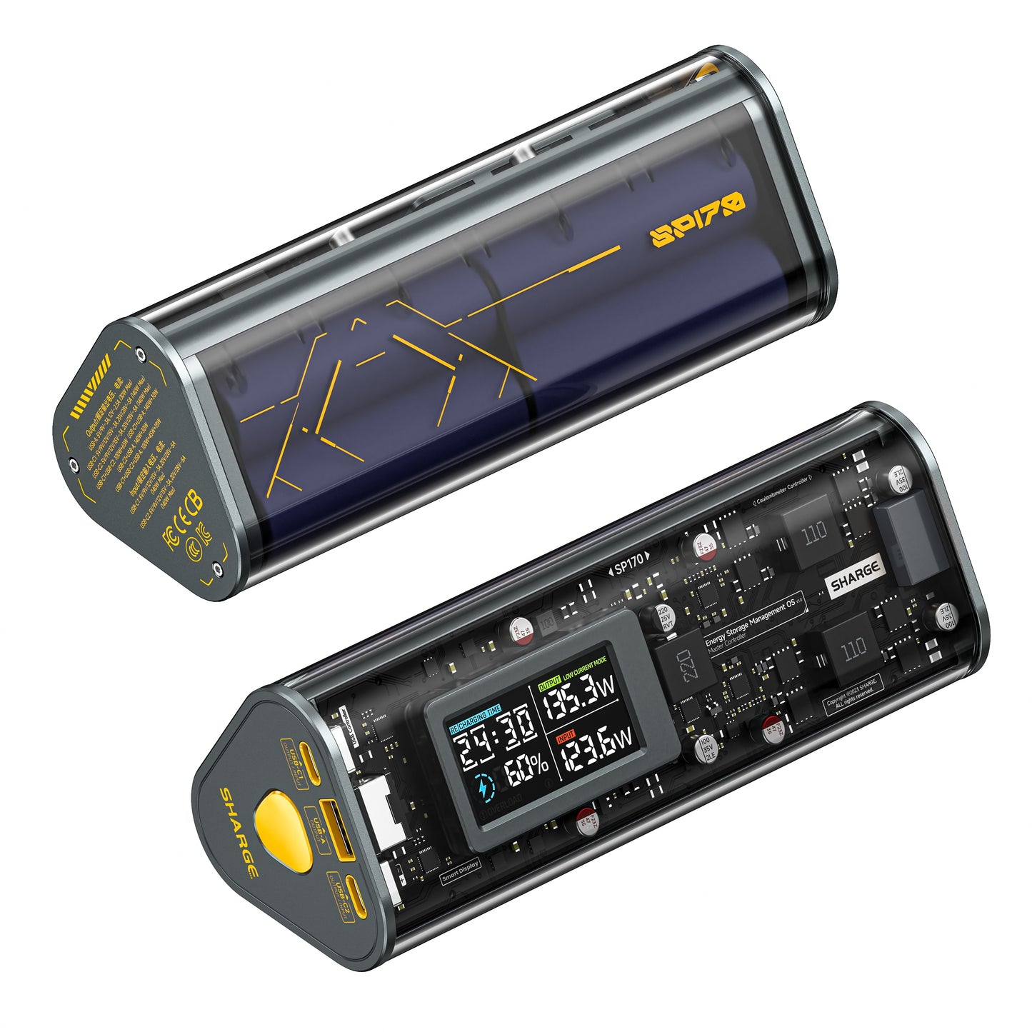 SHARGE Shargeek 170 power bank with transparent design, showing fast charging ports and display for power status.