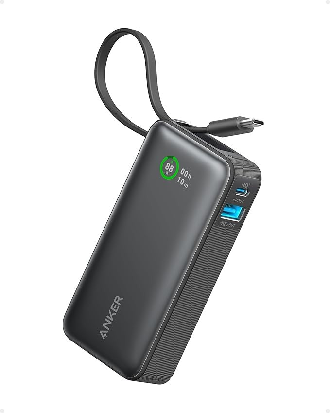 Anker 545 Nano Power Bank 30W 10000 mAh with built-in USB-C cable and battery percentage display