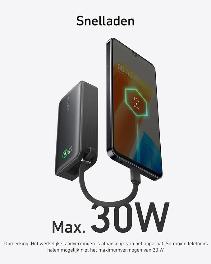 Anker 545 Nano Power Bank 30W 10000 mAh charging a smartphone with fast charging capability.