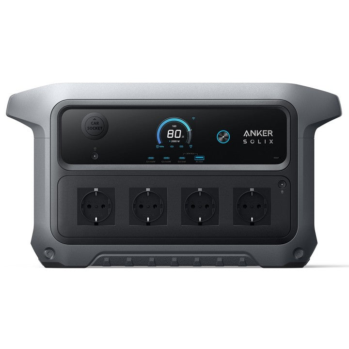 Anker SOLIX C2000 Gen 2 2048Wh Power Station front view showcasing AC outlets and digital display.