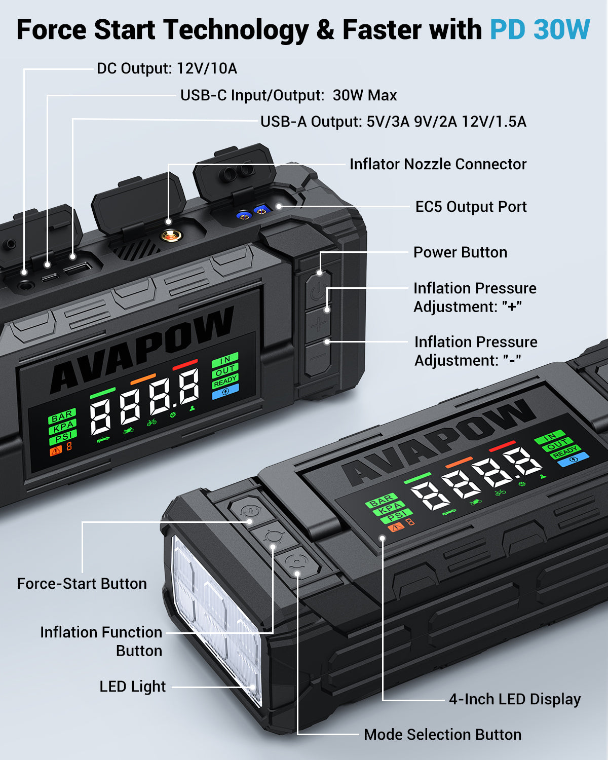 AVAPOW Jump Starter 10000A with Air Compressor - 150PSI