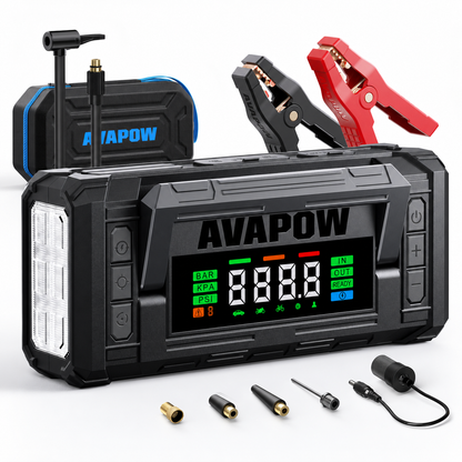 Black AVAPOW portable jump starter with a digital display screen, built-in LED light, red and black battery clamps, a power cable, and three connector plugs on a white background.