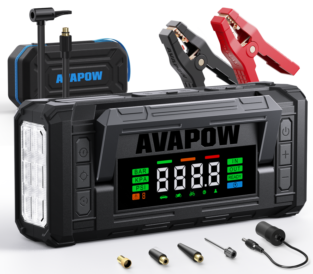 Black AVAPOW portable jump starter and battery charger with a digital display screen, built-in LED light bar, red and black battery clamps, and several attachment accessories on a clean white background.