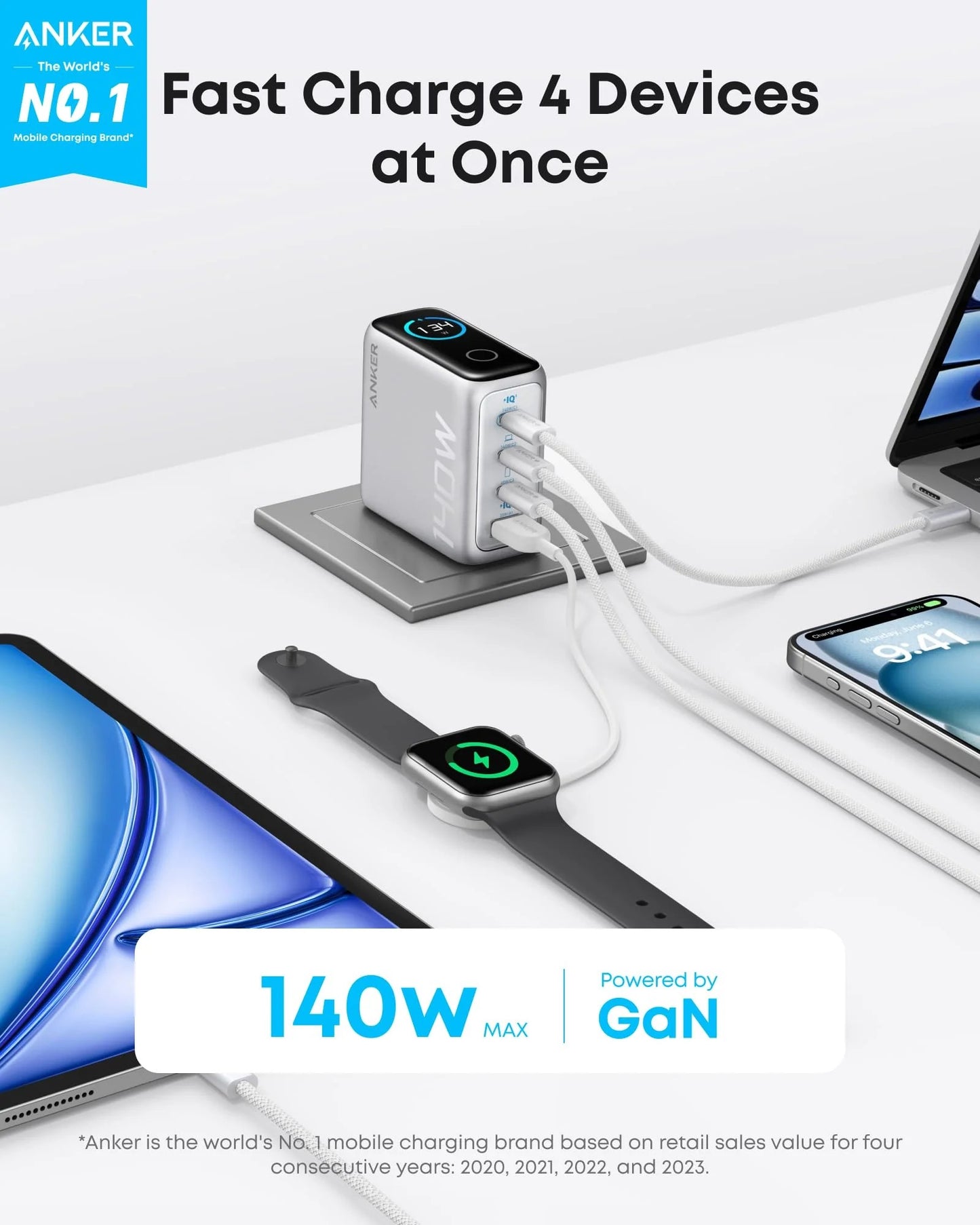 Anker power station with multiple devices being charged on a white surface