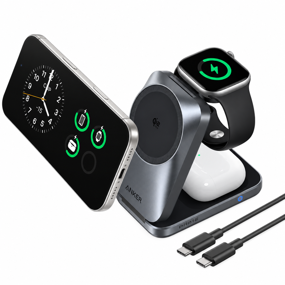 An Anker wireless charging station setup with a smartphone, smartwatch, charging dock, and cables on a white background.