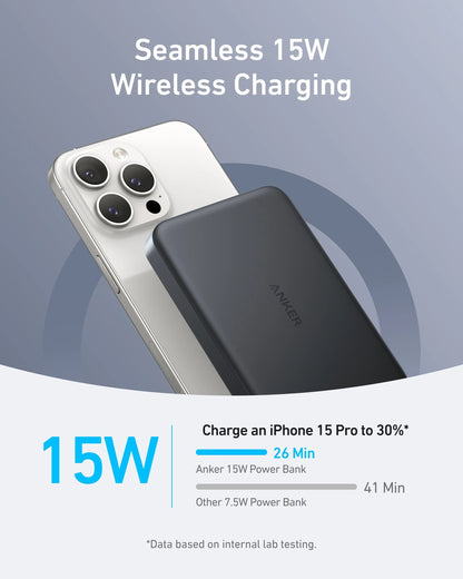 Anker power bank with smartphone on a gradient background, highlighting wireless charging capabilities.