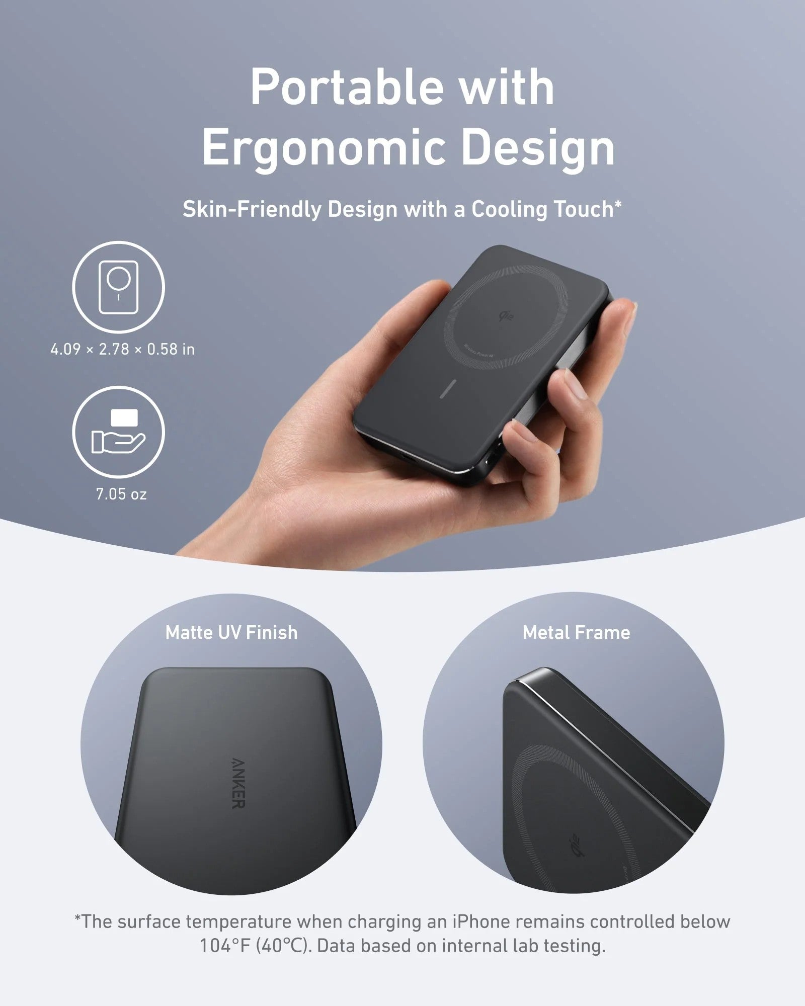 Hand holding a black wireless charging device with product details on a gray background 0.58in