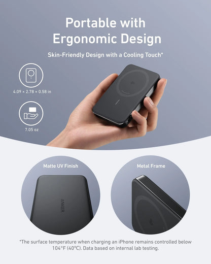 Hand holding a black wireless charging device with product details on a gray background 0.58in