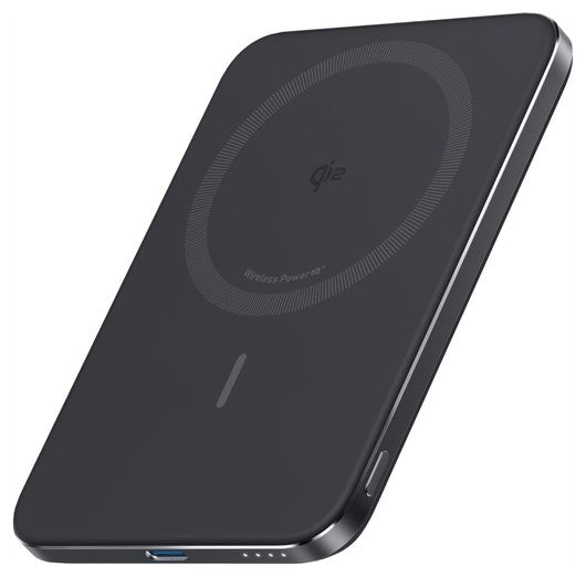 Black wireless charging power bank on a white background magsafe