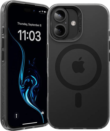 Black BENKS Lucid Armor Phone Case for iPhone 16 impact reduction grey transparent
