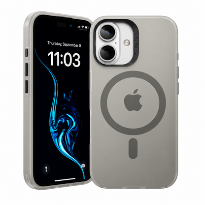 A light gray MagSafe-compatible phone case shown on a smartphone, with the back of the case visible on the right and the phone inside the case visible on the left against a plain white background.