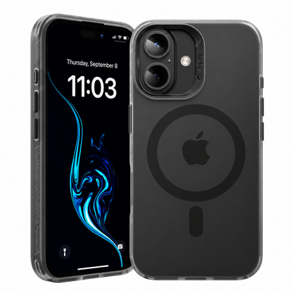 A clear protective phone case shown on a smartphone, with the back view of the case in front and the phone behind it. The case has a large circular MagSafe ring on the back and a transparent bumper edge.