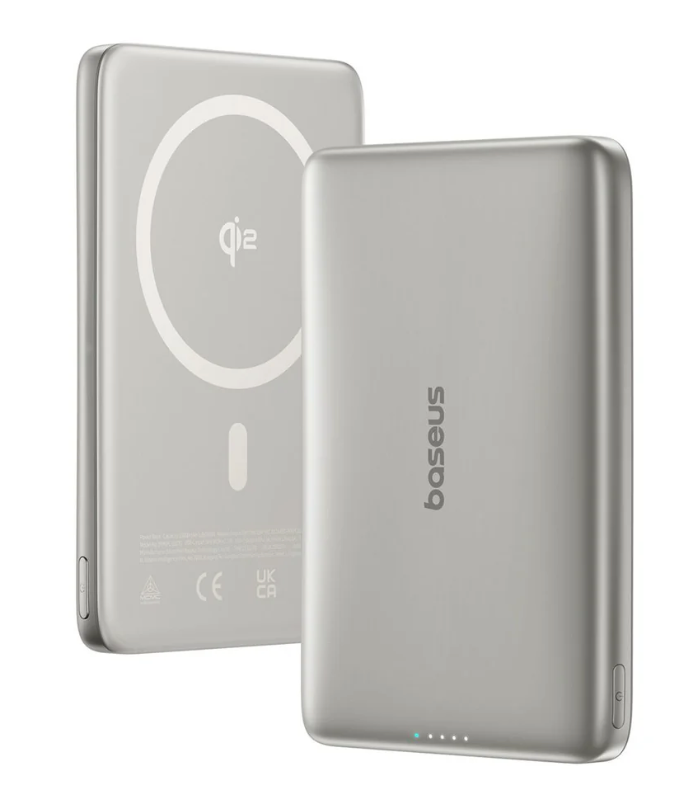 Ultra slim silver powerbank Qi2 pocket size 