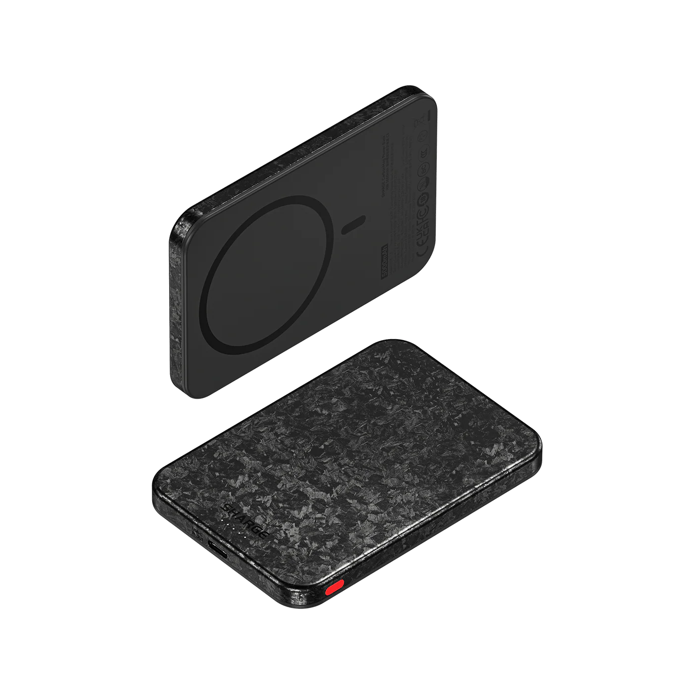 SHARGE CarbonMag Ultra Slim Powerbank 5000 mAh with carbon fiber design, MagSafe compatible and wireless charging features.