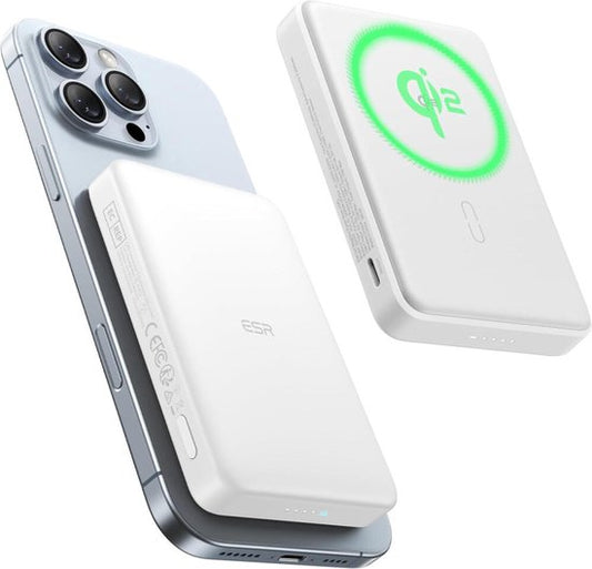 ESR Qi2 MagSlim Power Bank 10K wirelessly charging iPhone with MagSafe, ultra-slim design and huge capacity.