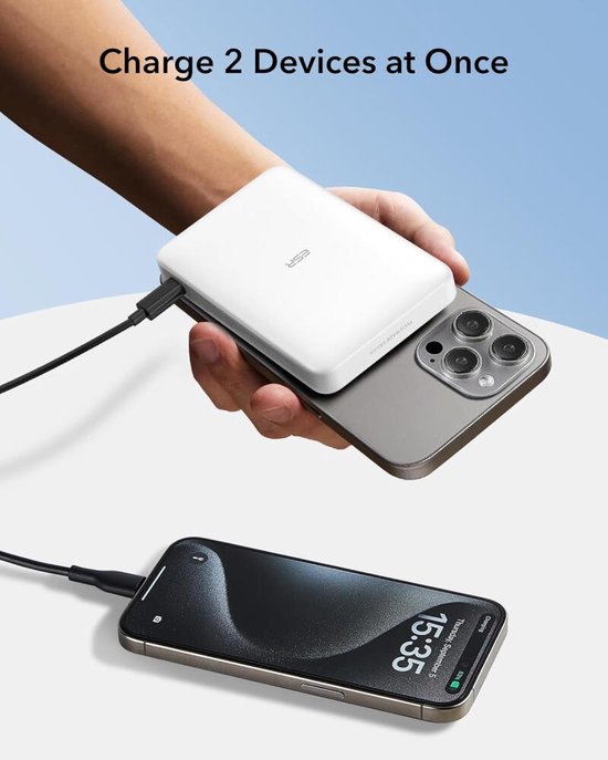 ESR Qi2 MagSlim 10K Power Bank charging two devices simultaneously on a blue background.