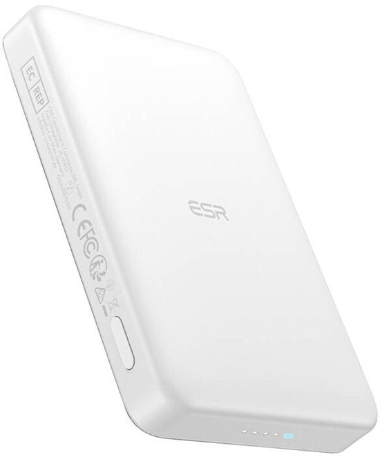 ESR Qi2 MagSlim 10K Power Bank, white, slim design, wireless charging, huge capacity, magnetic attachment for iPhone.