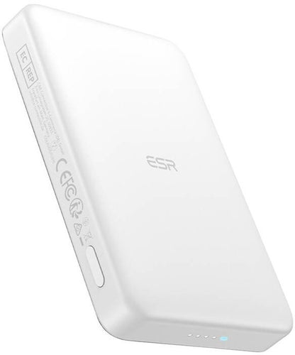 ESR Qi2 MagSlim 10K Power Bank, white, slim design, wireless charging, huge capacity, magnetic attachment for iPhone.