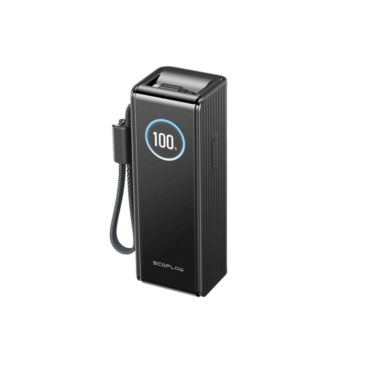 Black power bank with digital display on a transparent background