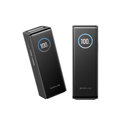 Two black EcoFlow power banks on a white background. smart screen