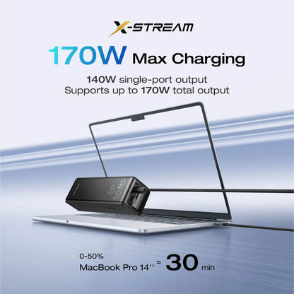 X-Stream 170W max charging device with laptop and smartphone on a blue gradient background