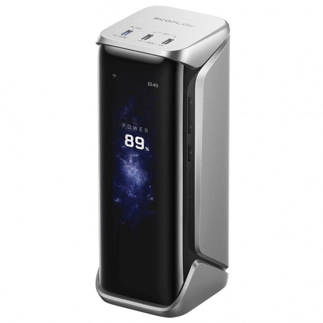 Silver electronic device with a digital display on a white background 