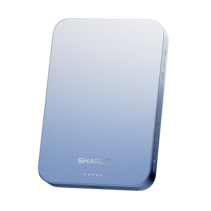 Blue portable charger with 'SHARGE' branding on a white background