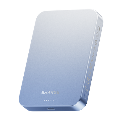 Blue portable device with 'SHARE' branding on a white background Qi2 