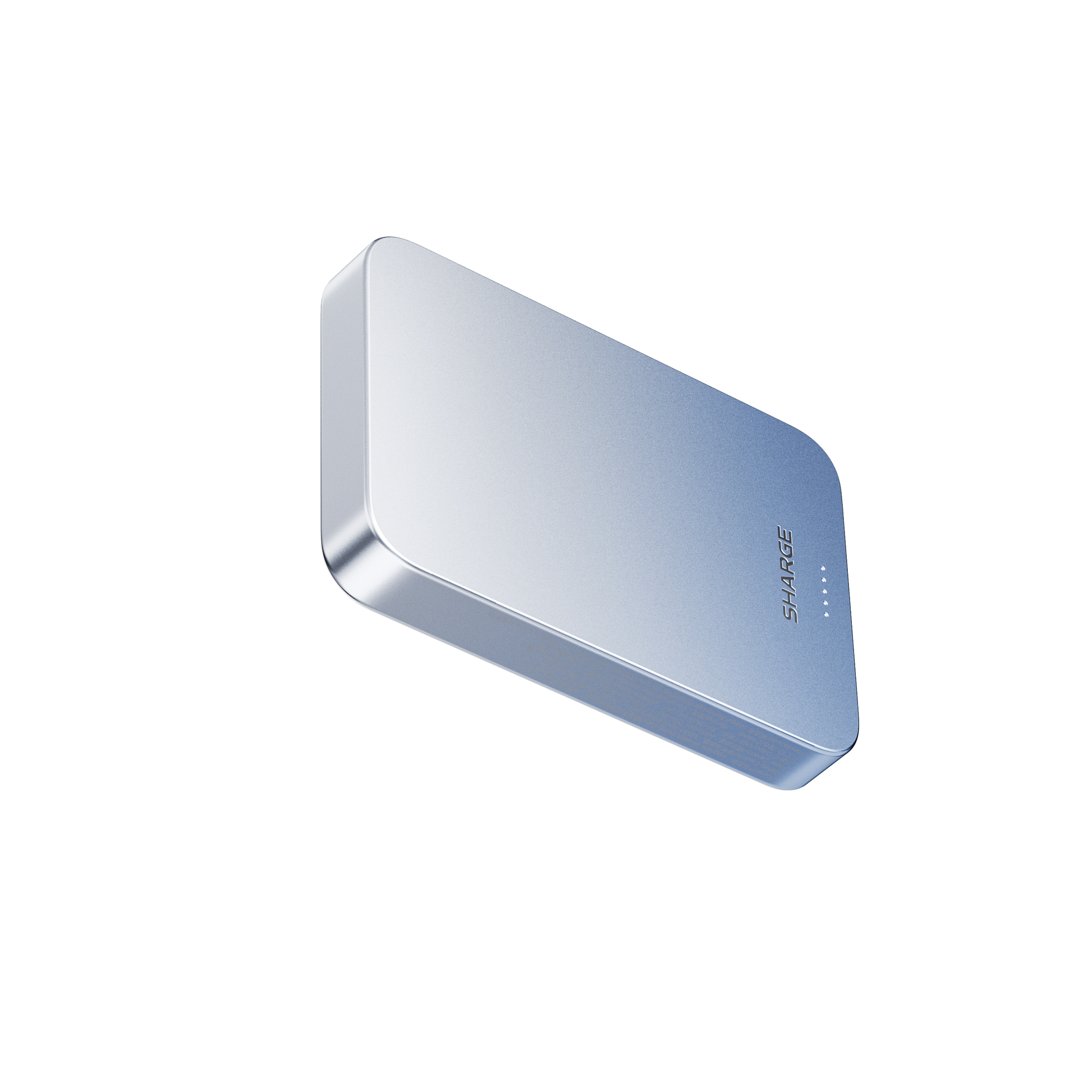 Blue power bank with brand logo on a white background M5 Qi2 Aluminum