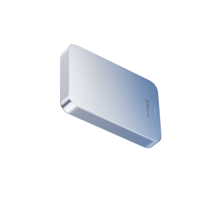 Blue power bank with brand logo on a white background M5 Qi2 Aluminum