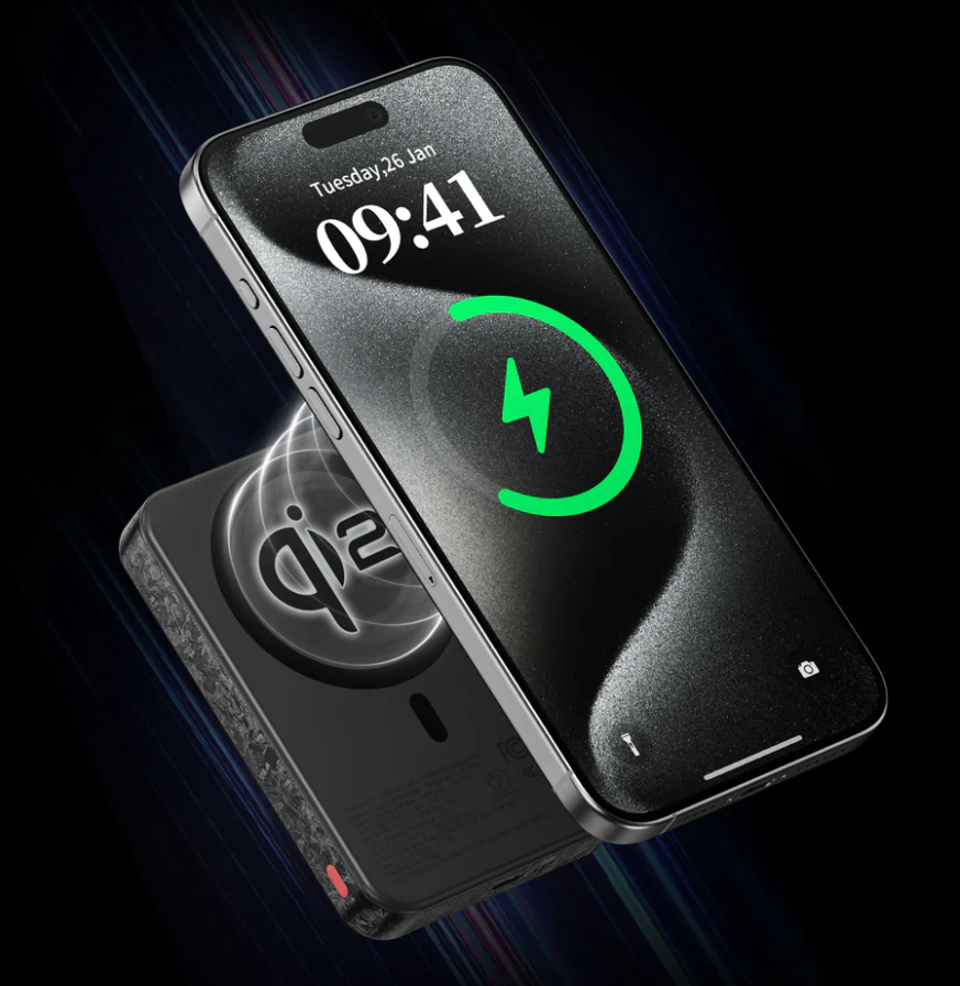 Black carbon SHARGE CarbonMag Qi2 10000mAh slim power bank fast charging