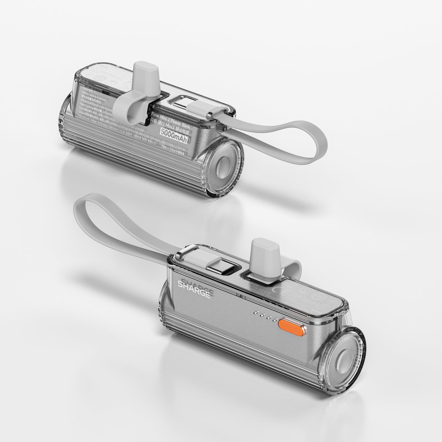 Silver SHARGE Flow Mini 2 power bank, 5000 mAh, lightweight design, 22.5W fast charging, USB-C and Lightning connectors.