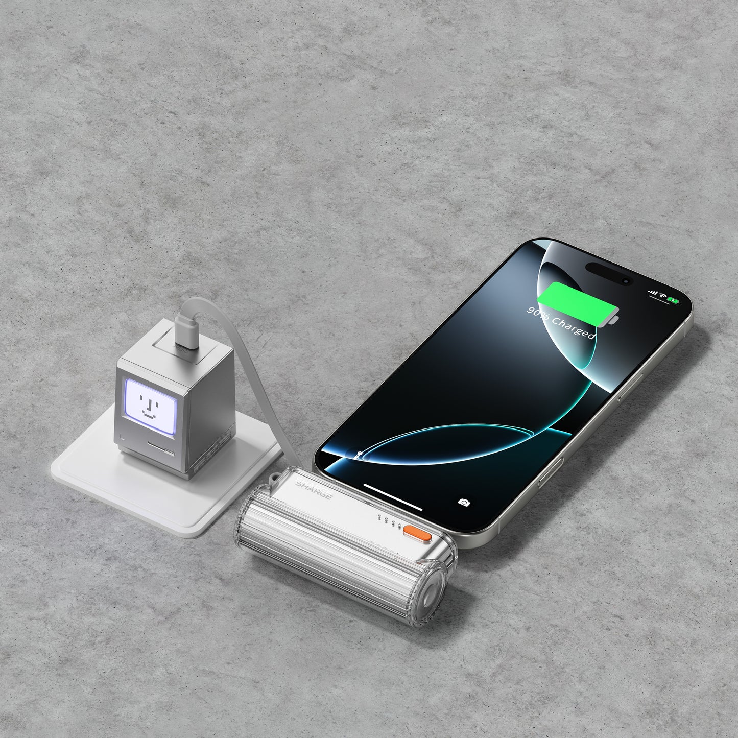  SHARGE Flow Mini 2 powerbank charge with built in cable with swappable connectors and built-in USB-C for convenient pocket-sized fast charging.