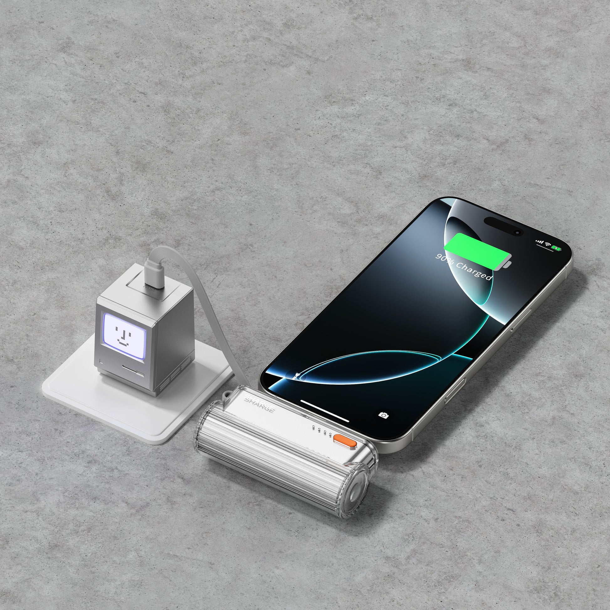  SHARGE Flow Mini 2 powerbank charge with built in cable with swappable connectors and built-in USB-C for convenient pocket-sized fast charging.