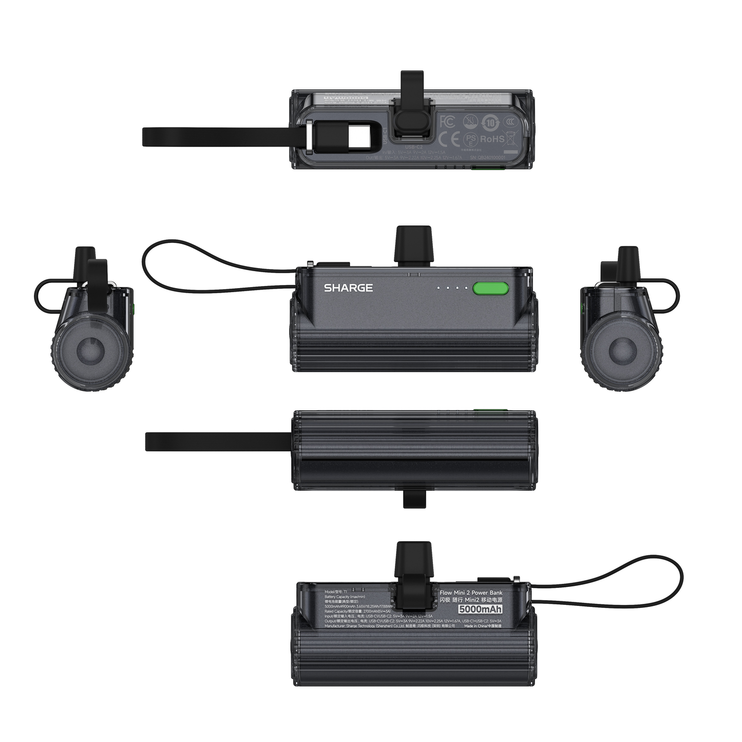 SHARGE Flow Mini 2 power bank with swappable connectors and built-in USB-C for convenient pocket-sized fast charging.