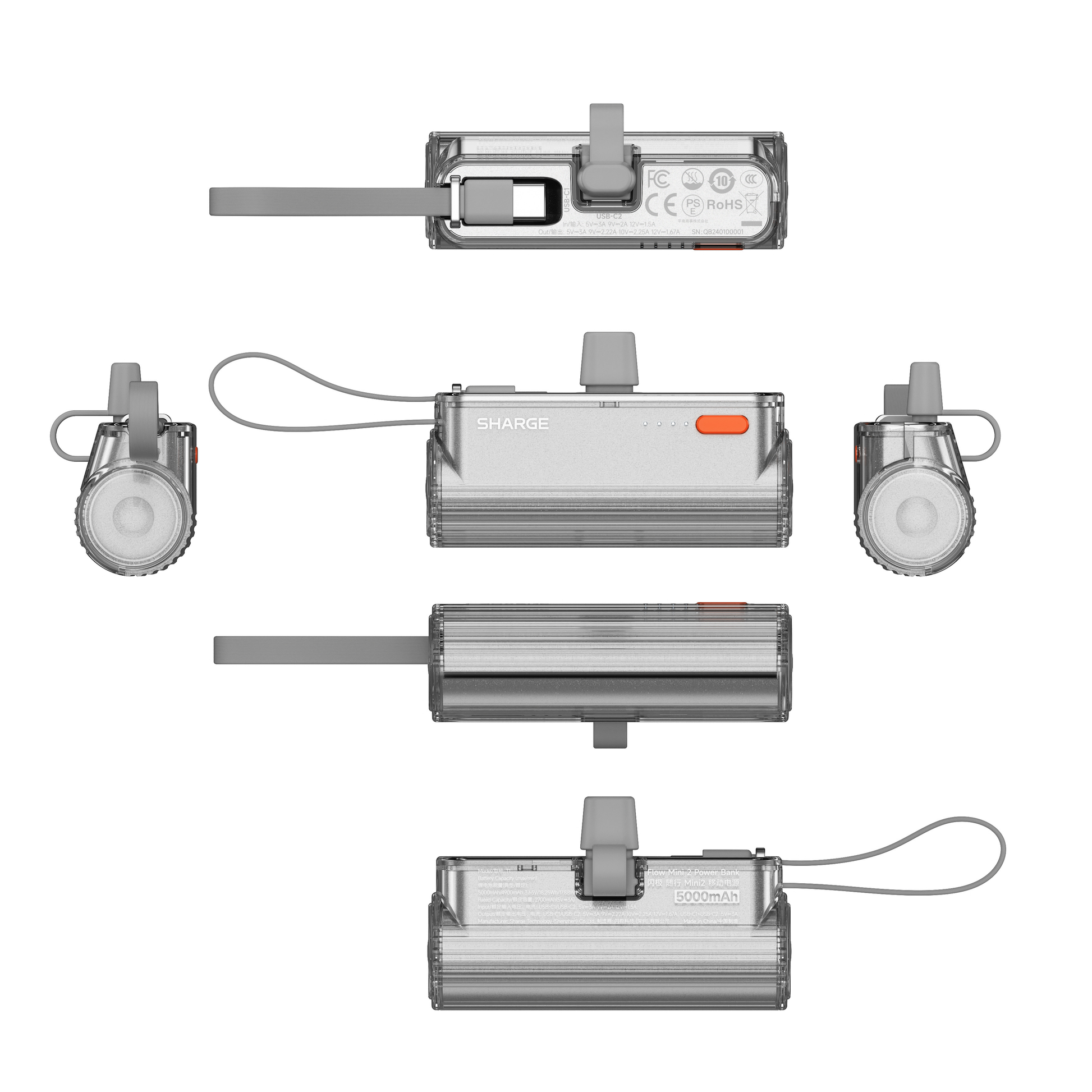 Silver SHARGE Flow Mini 2 power bank with swappable connectors and built-in USB-C for convenient pocket-sized fast charging.