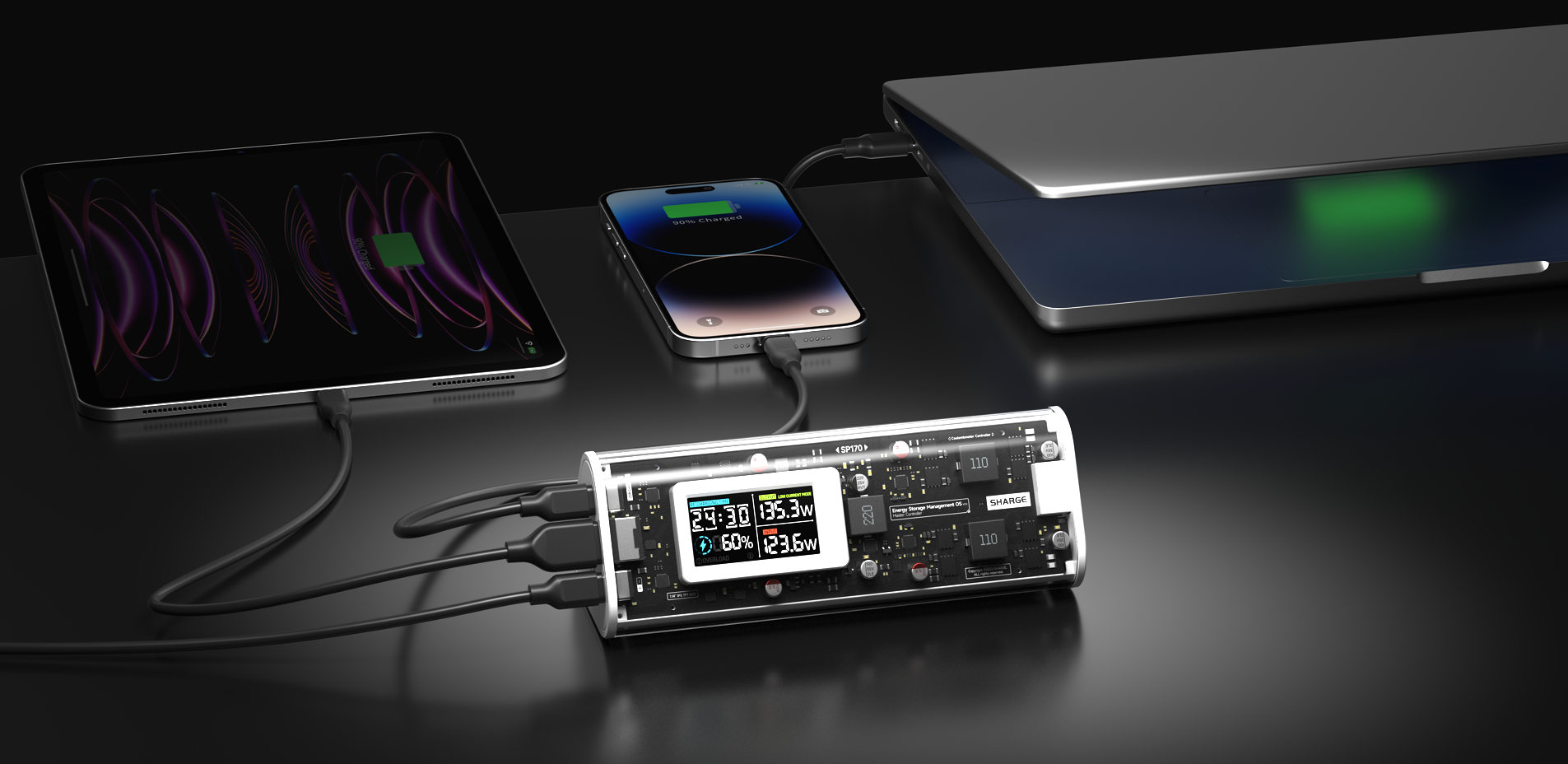 SHARGE Shargeek 170 power bank charging multiple devices with transparent design, showcasing energy levels on screen.