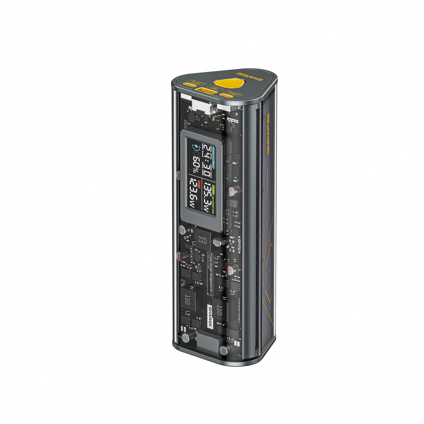 SHARGE Shargeek 170 power bank with transparent design, 170W output, fast charging, and large capacity.