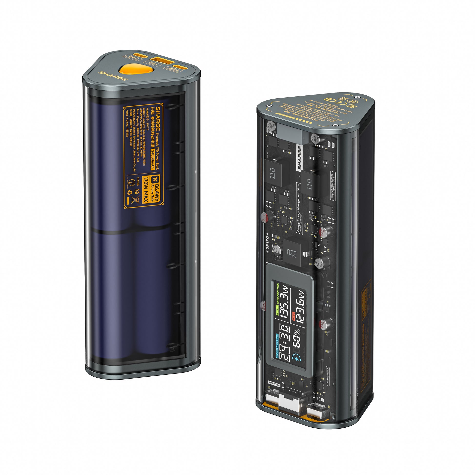 SHARGE Shargeek 170 power bank with transparent design, 24000mAh capacity, 170W output, and fast charging features.