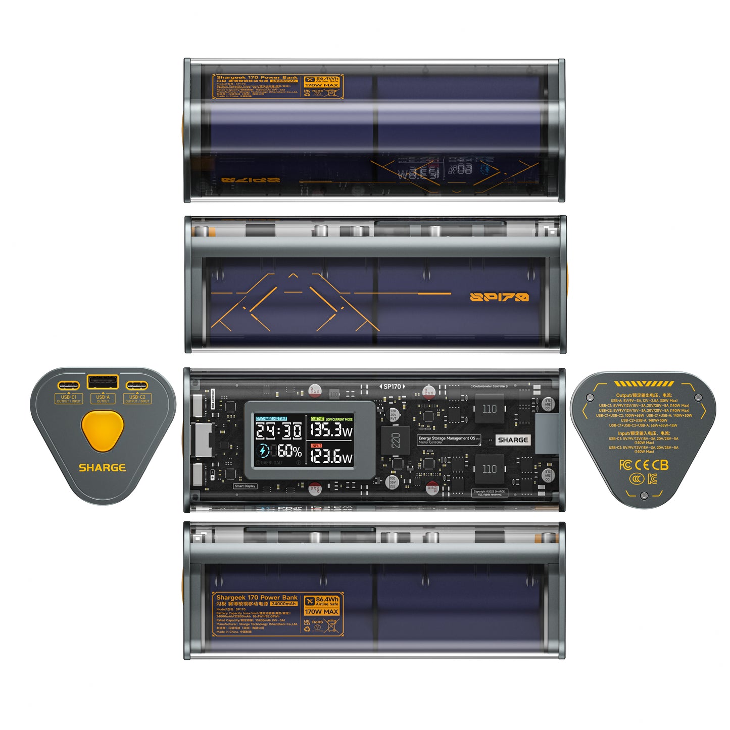 SHARGE Shargeek 170 power bank with transparent design, 170W output and smart charging features.