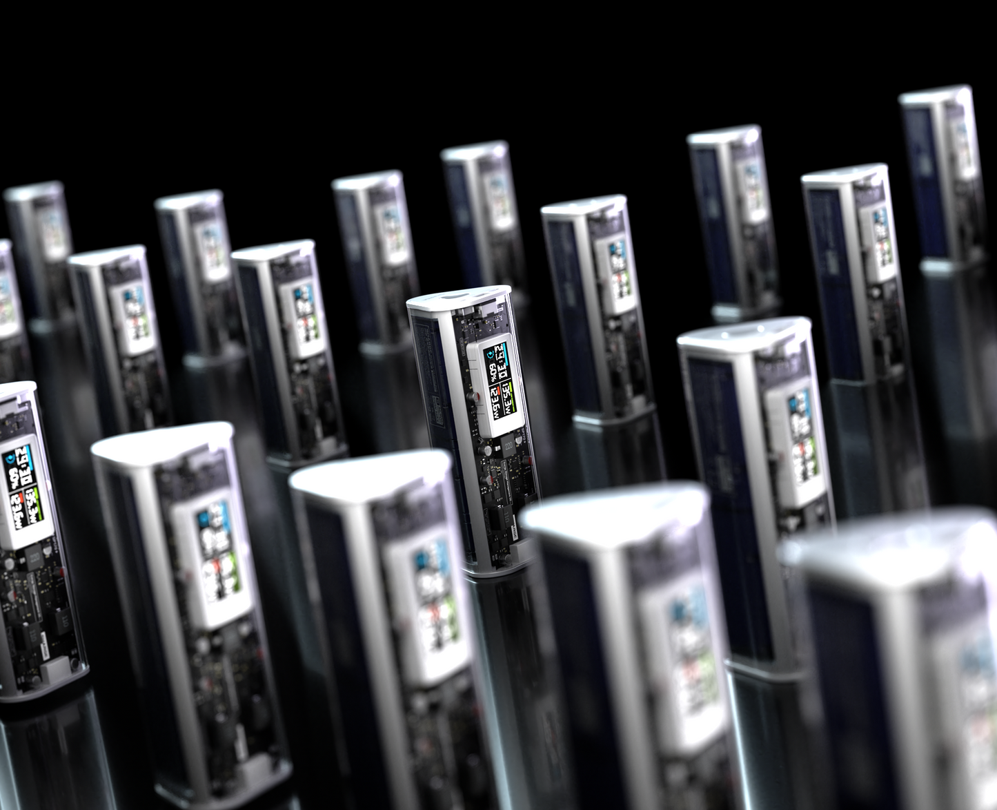 Group of SHARGE Shargeek 170 power banks with transparent design showcasing their sleek look and advanced charging features.