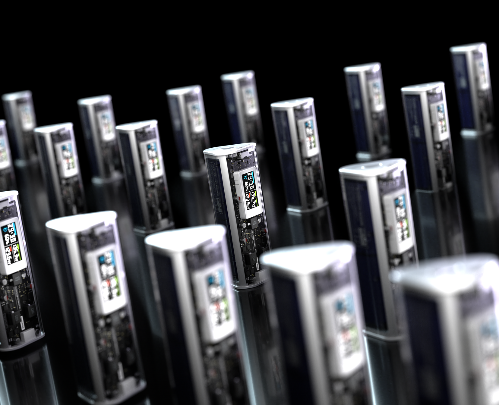 Group of SHARGE Shargeek 170 power banks with transparent design showcasing their sleek look and advanced charging features.