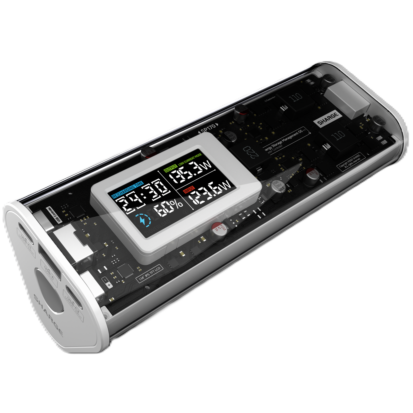 SHARGE Shargeek 170 power bank with transparent design and display, 24000mAh capacity, 170W output.