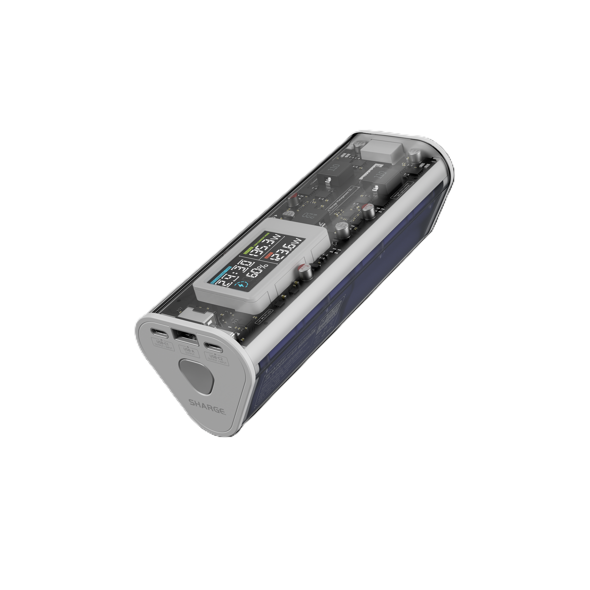 SHARGE Shargeek 170 power bank with transparent design, 24000mAh capacity, 170W output, fast charging, in white and grey.
