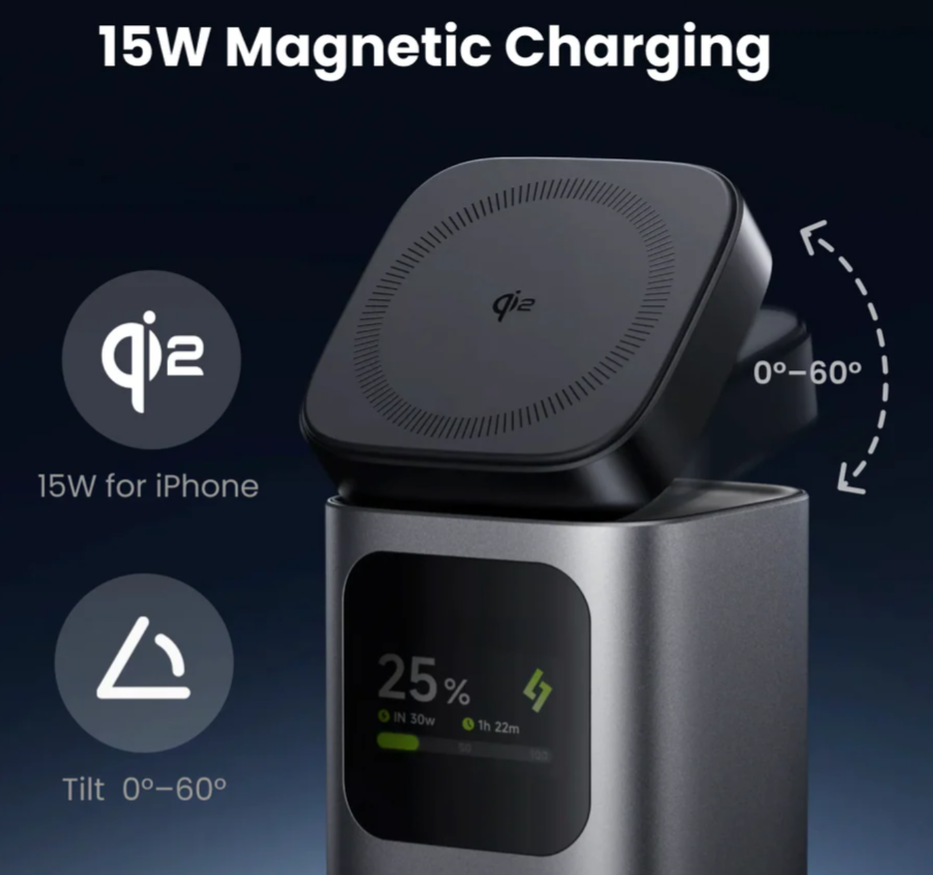 15W magnetic charging device with QI2 logo on a dark background